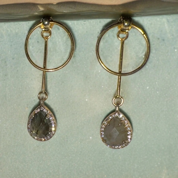Labradorite Gold Over Sterling Teardrop Halo Post Dangle Earrings - Picture 4 of 6